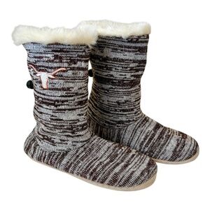 Texas Longhorn Slipper Boots UT Austin Brown Cream Faux Fur Adjustable L 9-10